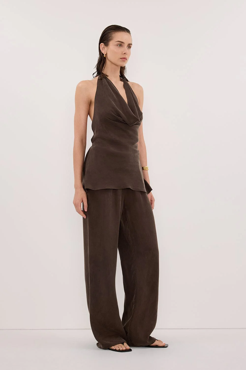 ADDIE BITTER CHOC CUPRO DRAWSTRING PANT - Image 3