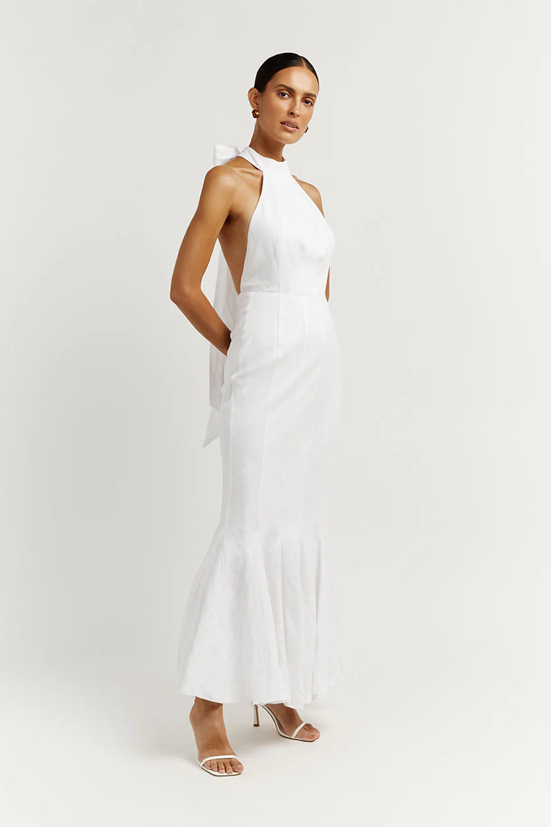 AISLE WHITE LINEN HIGH NECK DRESS - Image 2