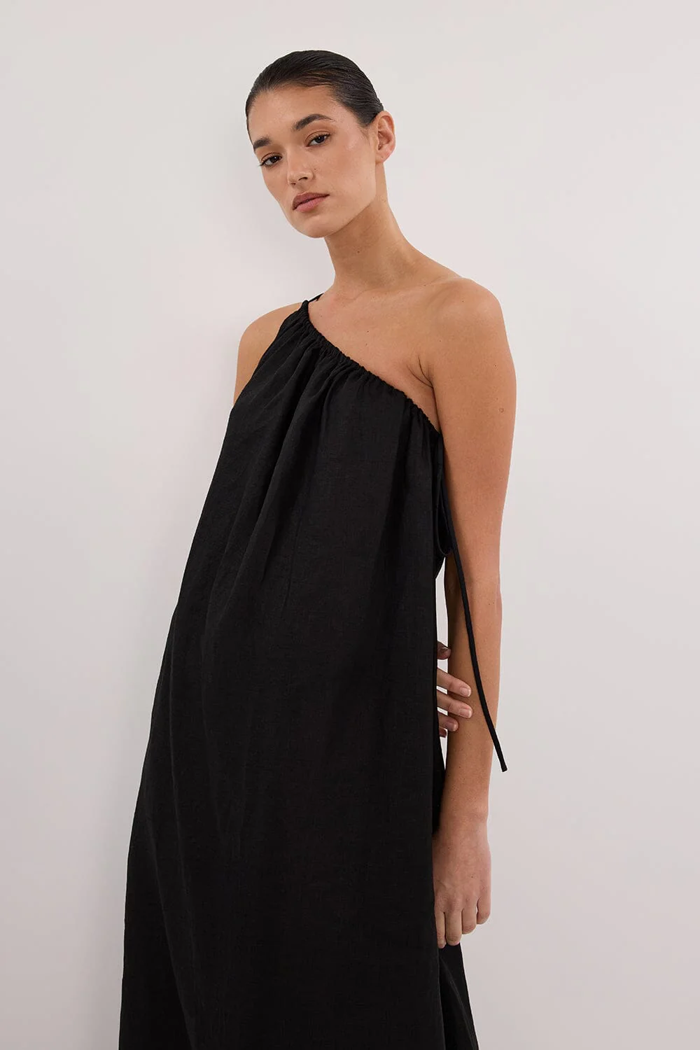 ALMA BLACK ASYM LINEN MIDI DRESS - Image 2