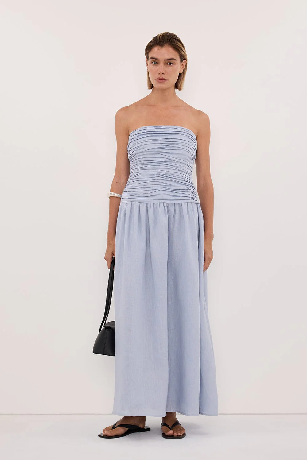 AUBRIELLA DUSTY BLUE LINEN MIDI DRESS - Image 2