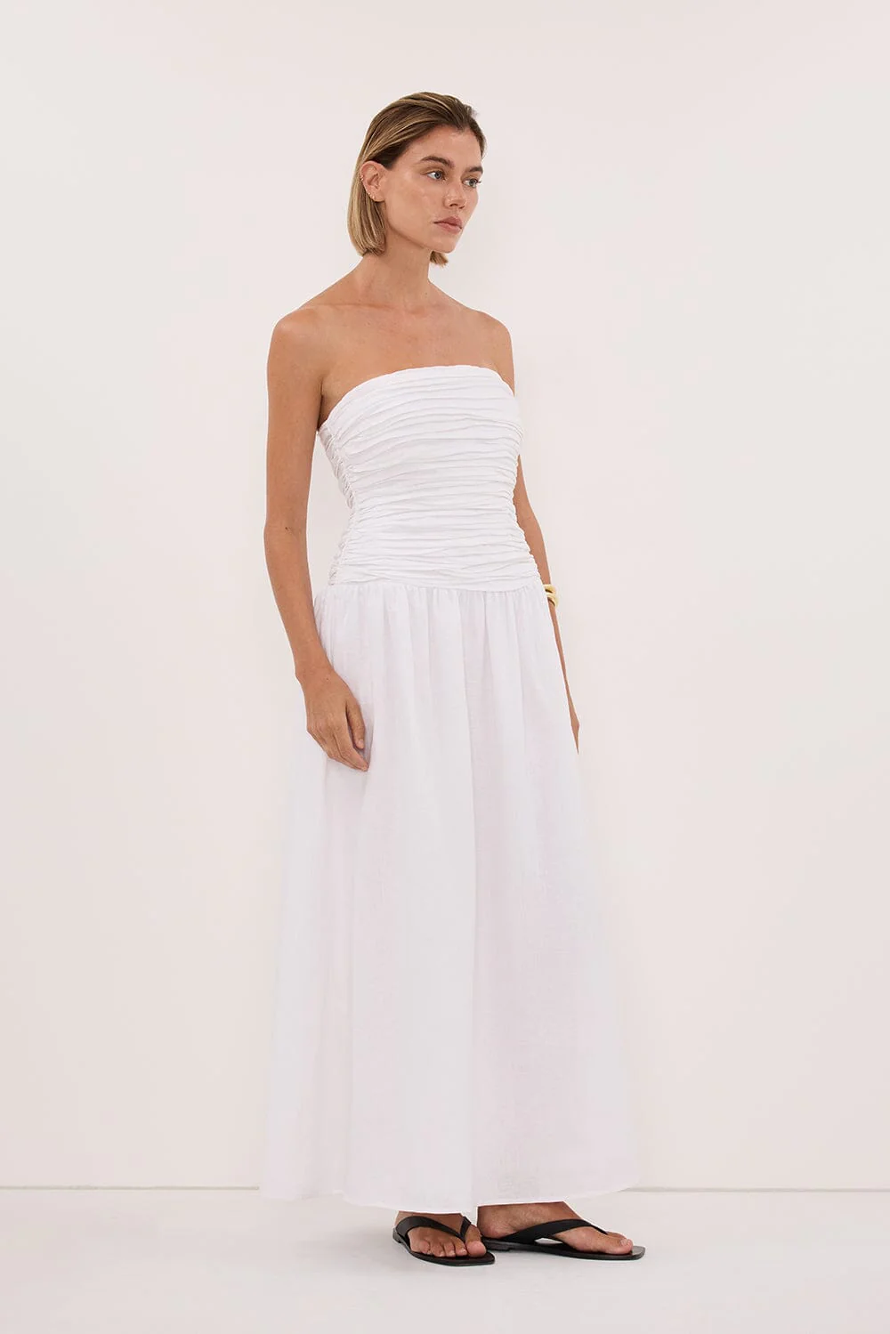 AUBRIELLA WHITE LINEN MIDI DRESS - Image 3