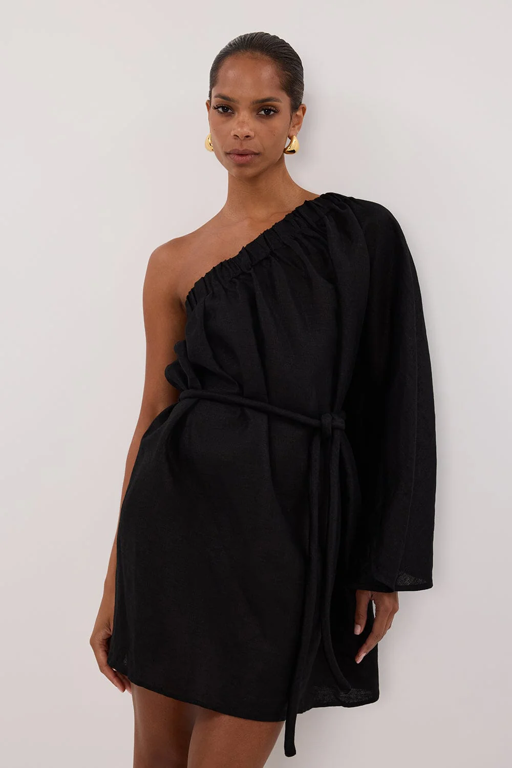 AURELIA BLACK ASYM LINEN MINI DRESS - Image 2
