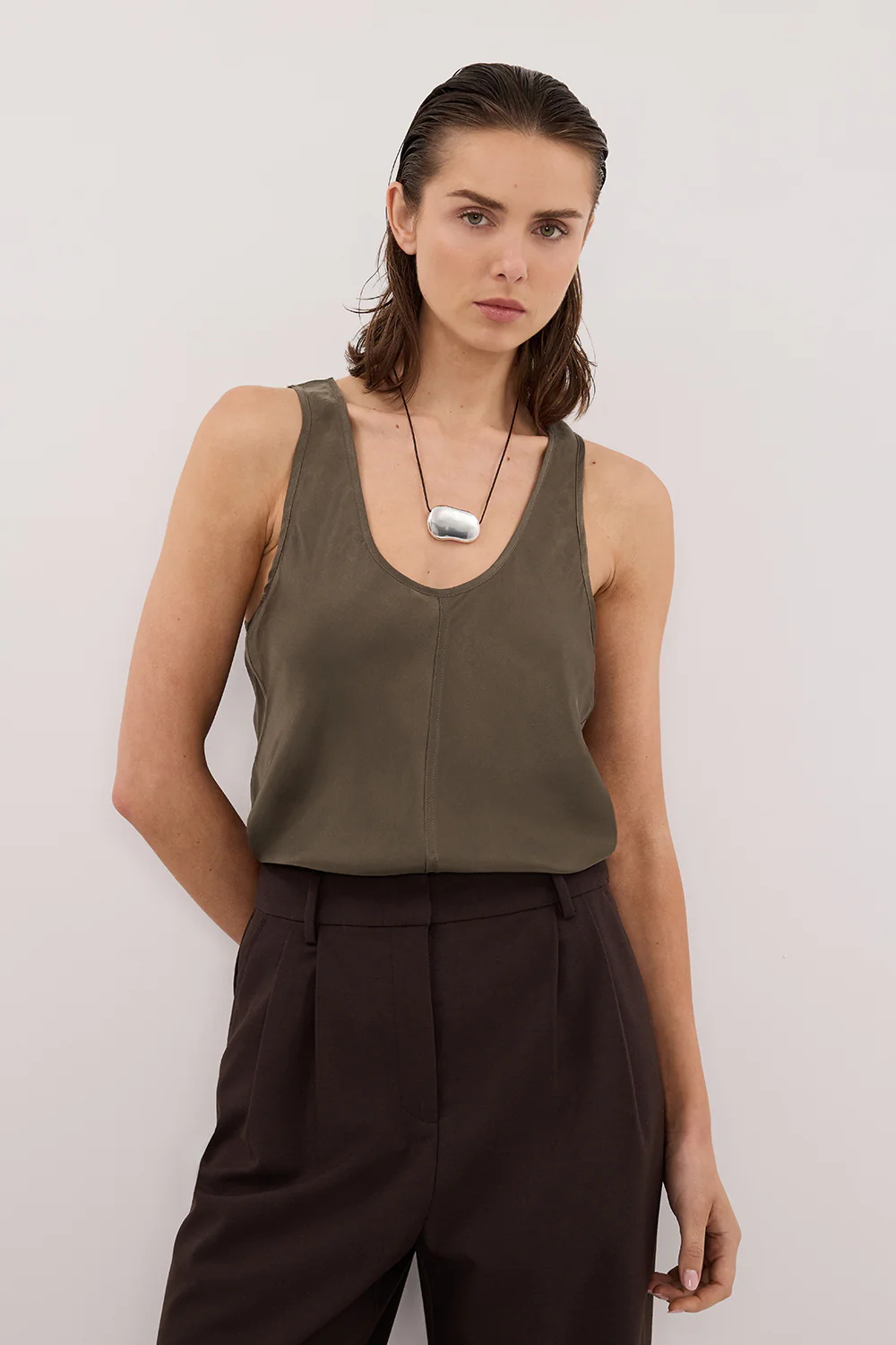 COLETTE OLIVE SILK CAMI TOP - Image 2