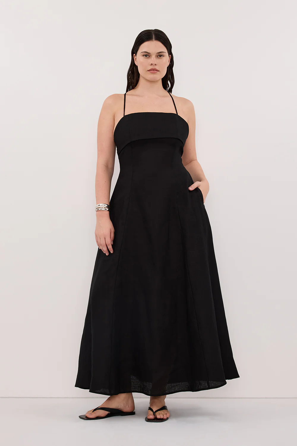 DANIELLA BLACK LINEN TIE BACK MIDI DRESS - Image 6