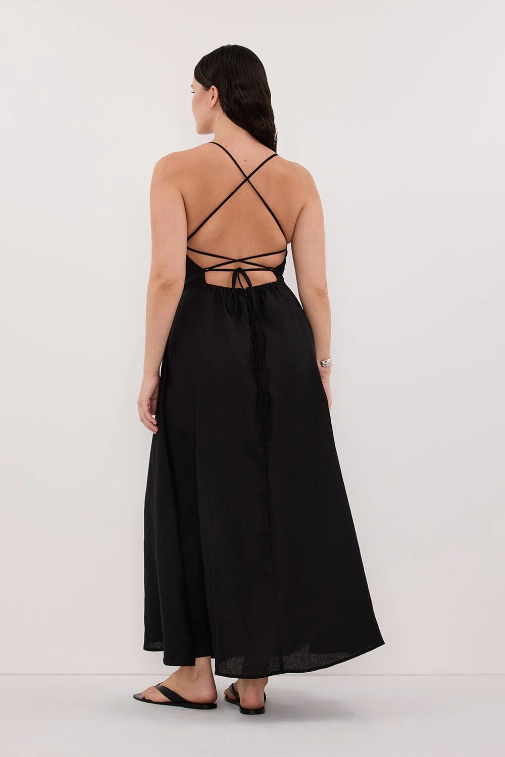 DANIELLA BLACK LINEN TIE BACK MIDI DRESS - Image 7