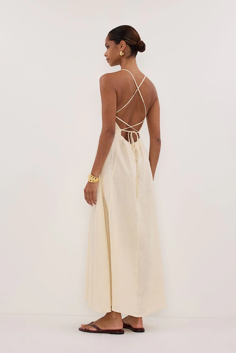 DANIELLA STRAW LINEN TIE BACK MIDI DRESS - Image 3
