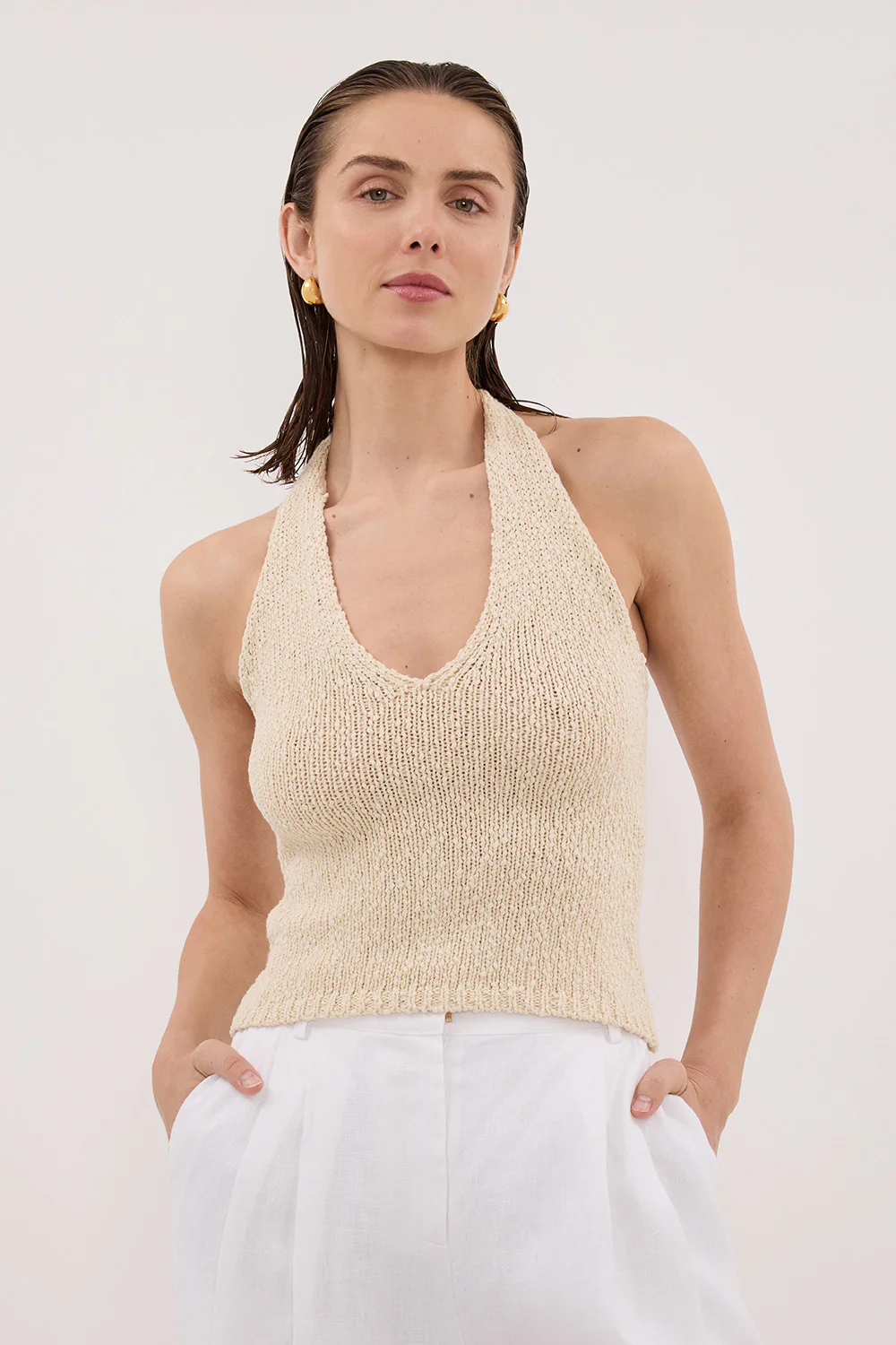 DINA NATURAL SLEEVELESS HALTER KNIT TOP - Image 2