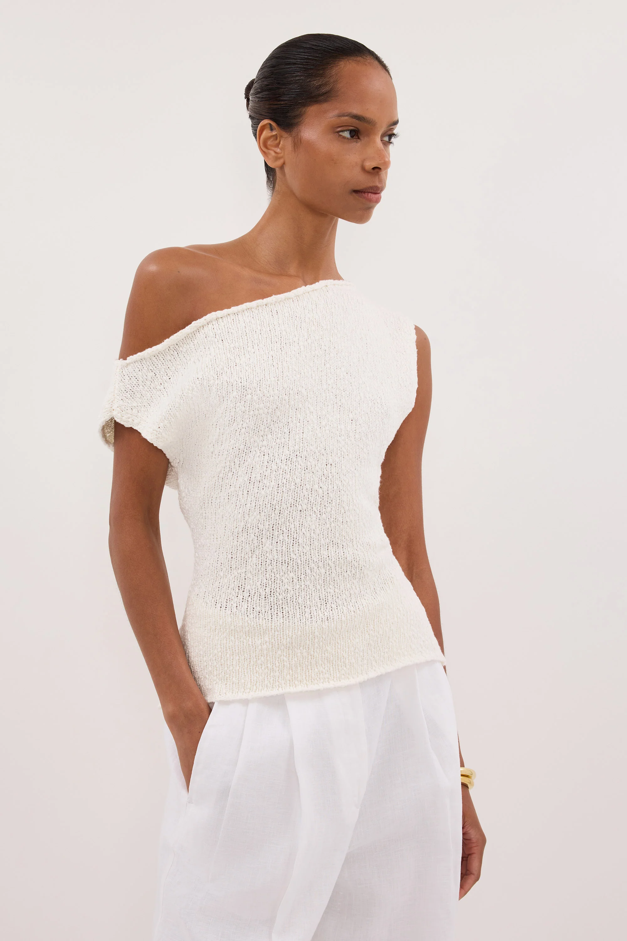 DINA OFF WHITE COTTON ASYM KNIT TOP - Image 2