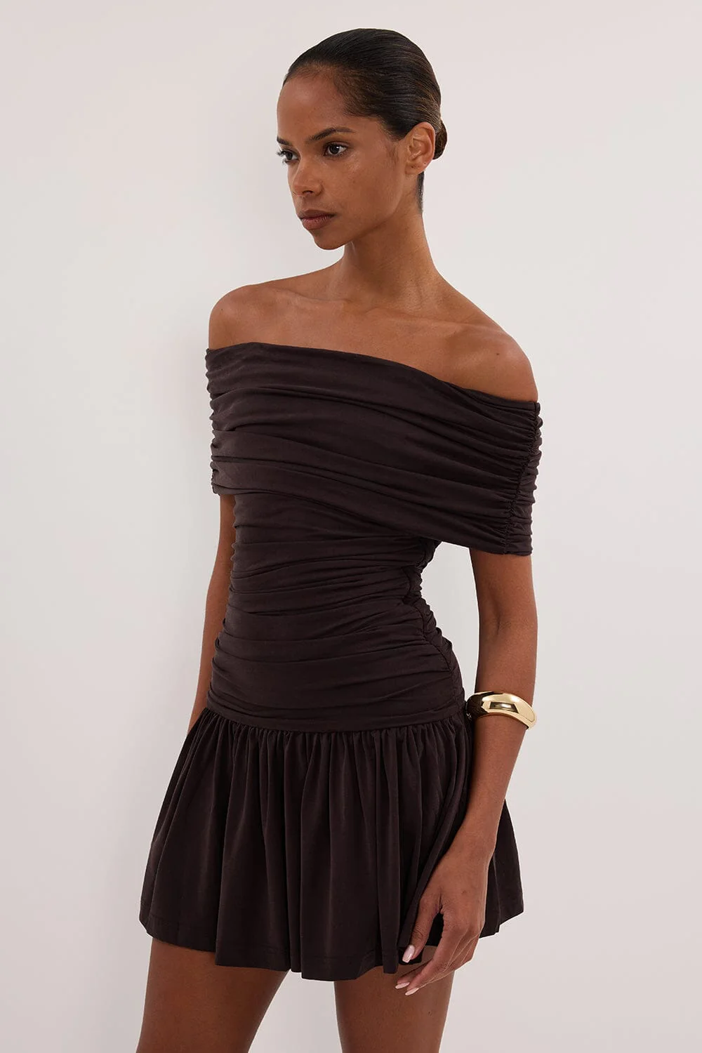 FEZ BURNT CHOC OFF SHOULDER MINI DRESS - Image 2