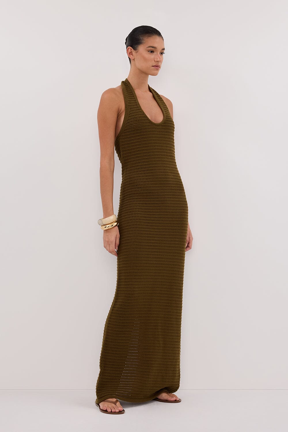 GINA OLIVE HALTER CROCHET MIDI DRESS - Image 3