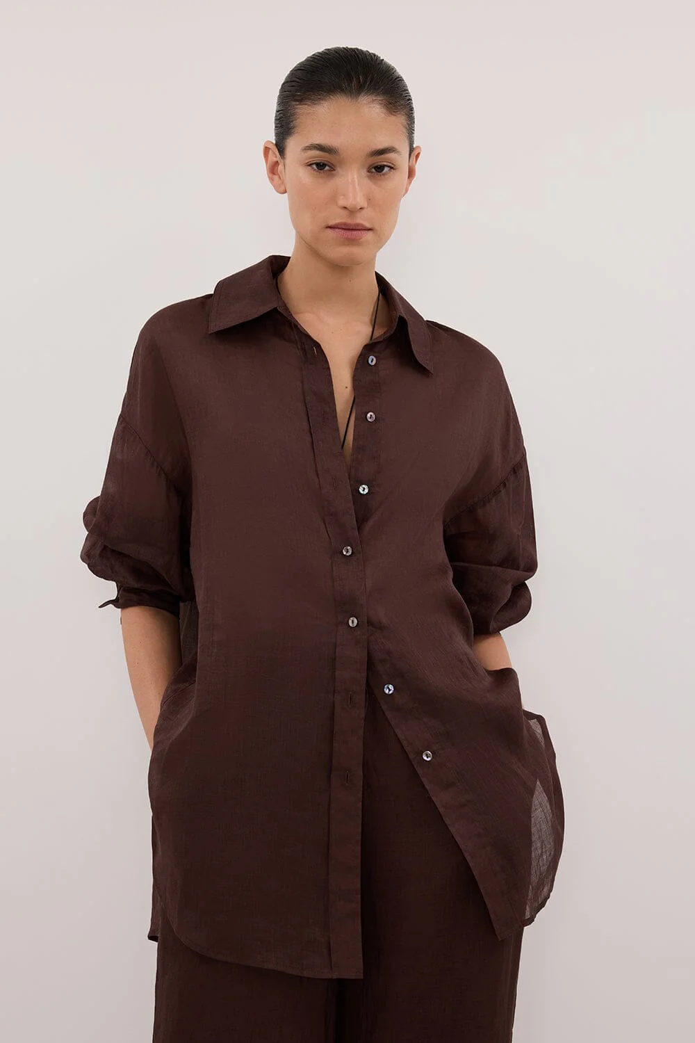 GINNY BURNT CHOC LONG SLEEVE RAMIE SHIRT - Image 2