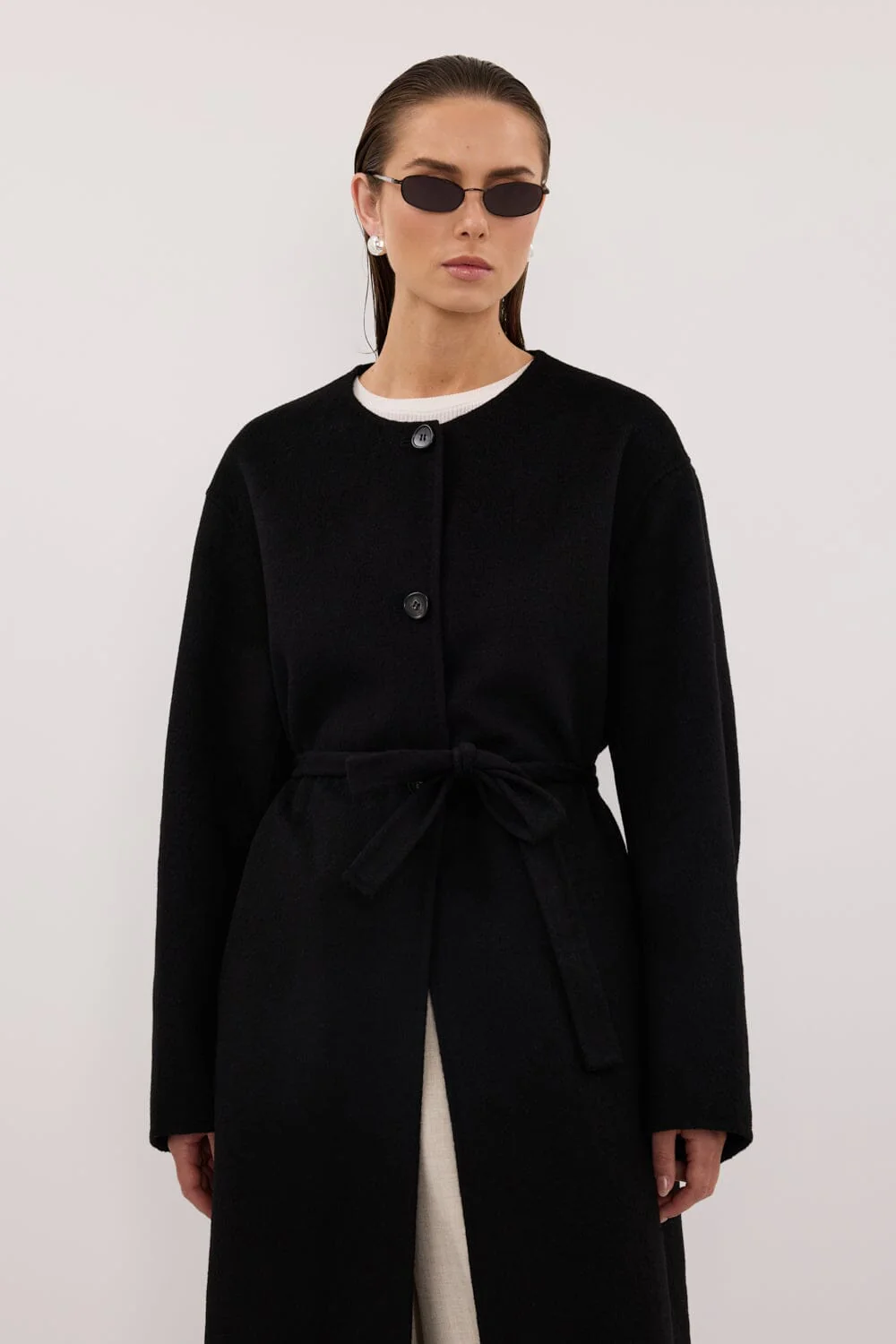 GRETA BLACK COLLARLESS WOOL BLEND COAT - Image 2