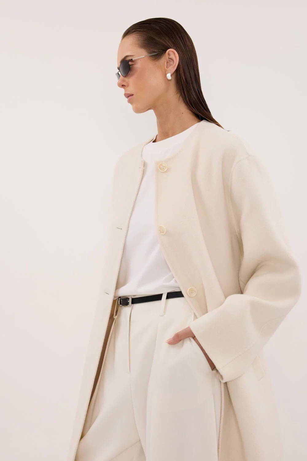 GRETA OFF WHITE COLLARLESS WOOL BLEND COAT - Image 2