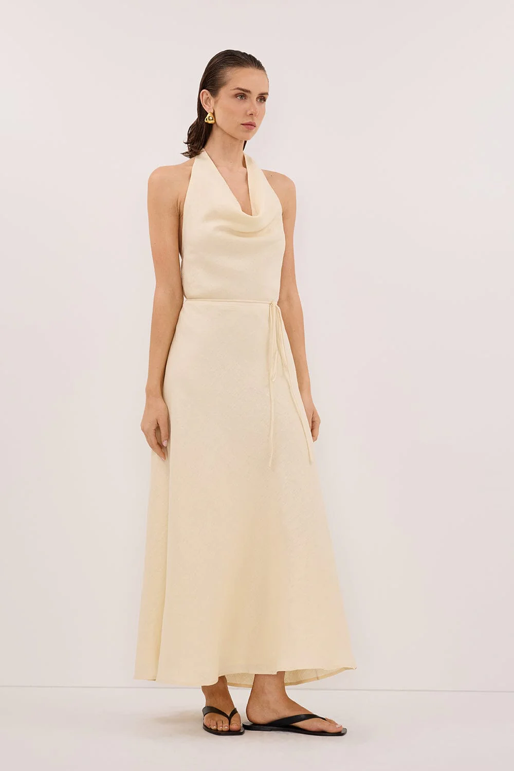 HAYLEE STRAW SLEEVELESS LINEN COWL MIDI DRESS - Image 3