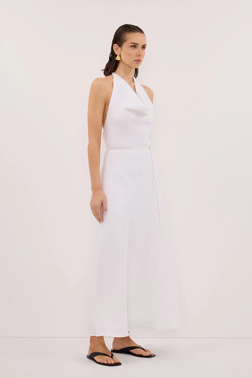 HAYLEE WHITE SLEEVELESS LINEN COWL MIDI DRESS - Image 3