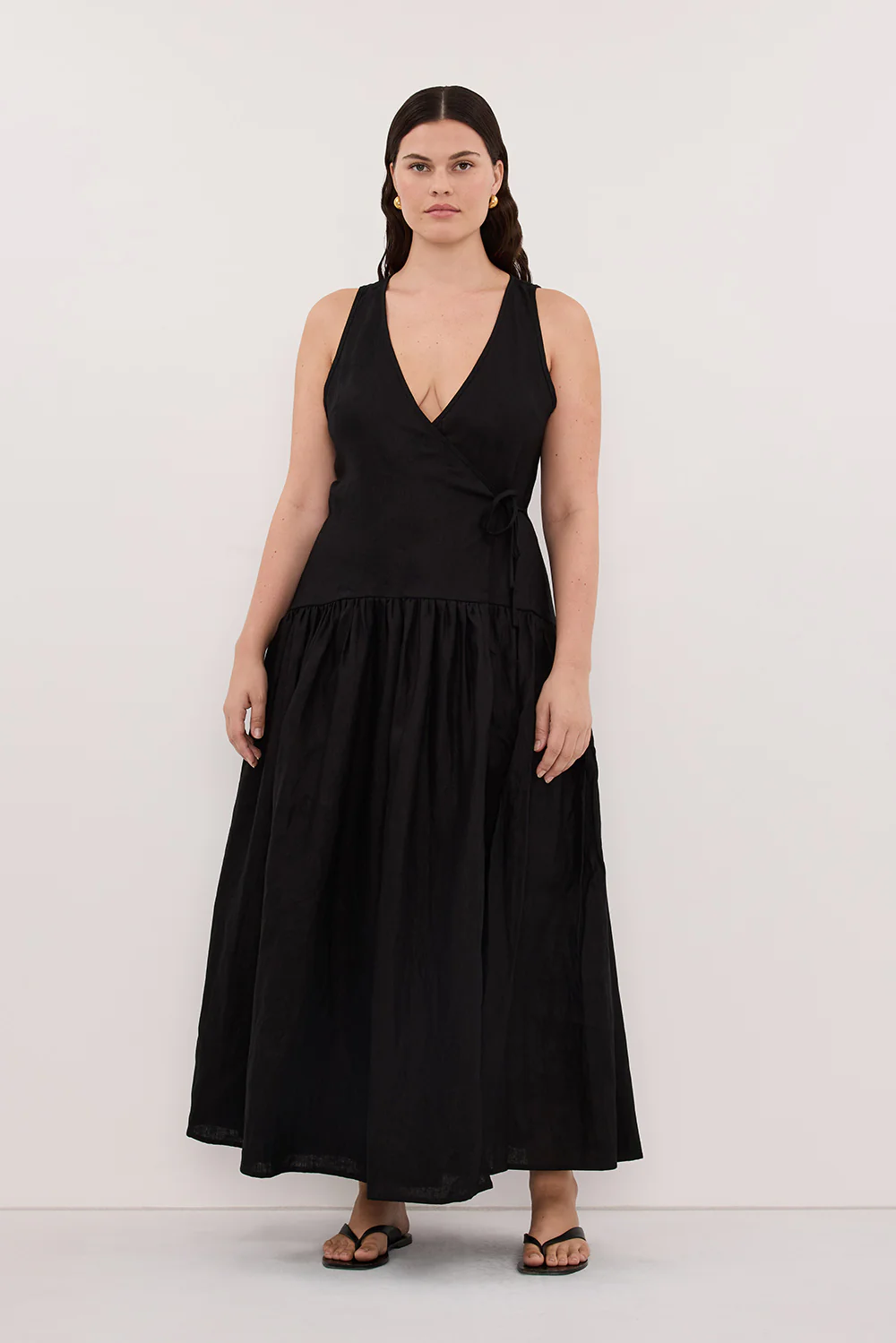 ILIO BLACK SLEEVELESS LINEN WRAP MIDI DRESS - Image 6