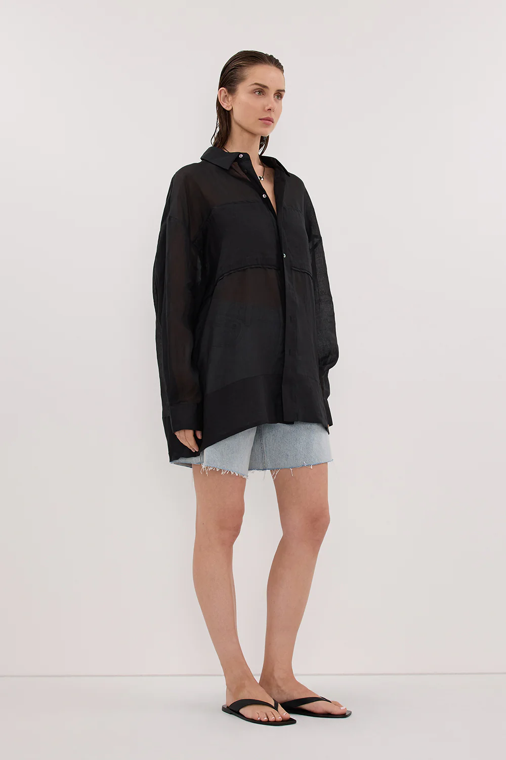KAI BLACK OVERSIZED RAMIE LONG SLEEVE SHIRT - Image 3