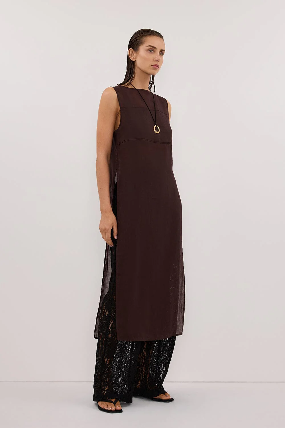 KAI BURNT CHOC SLEEVELESS RAMIE TUNIC TOP - Image 3