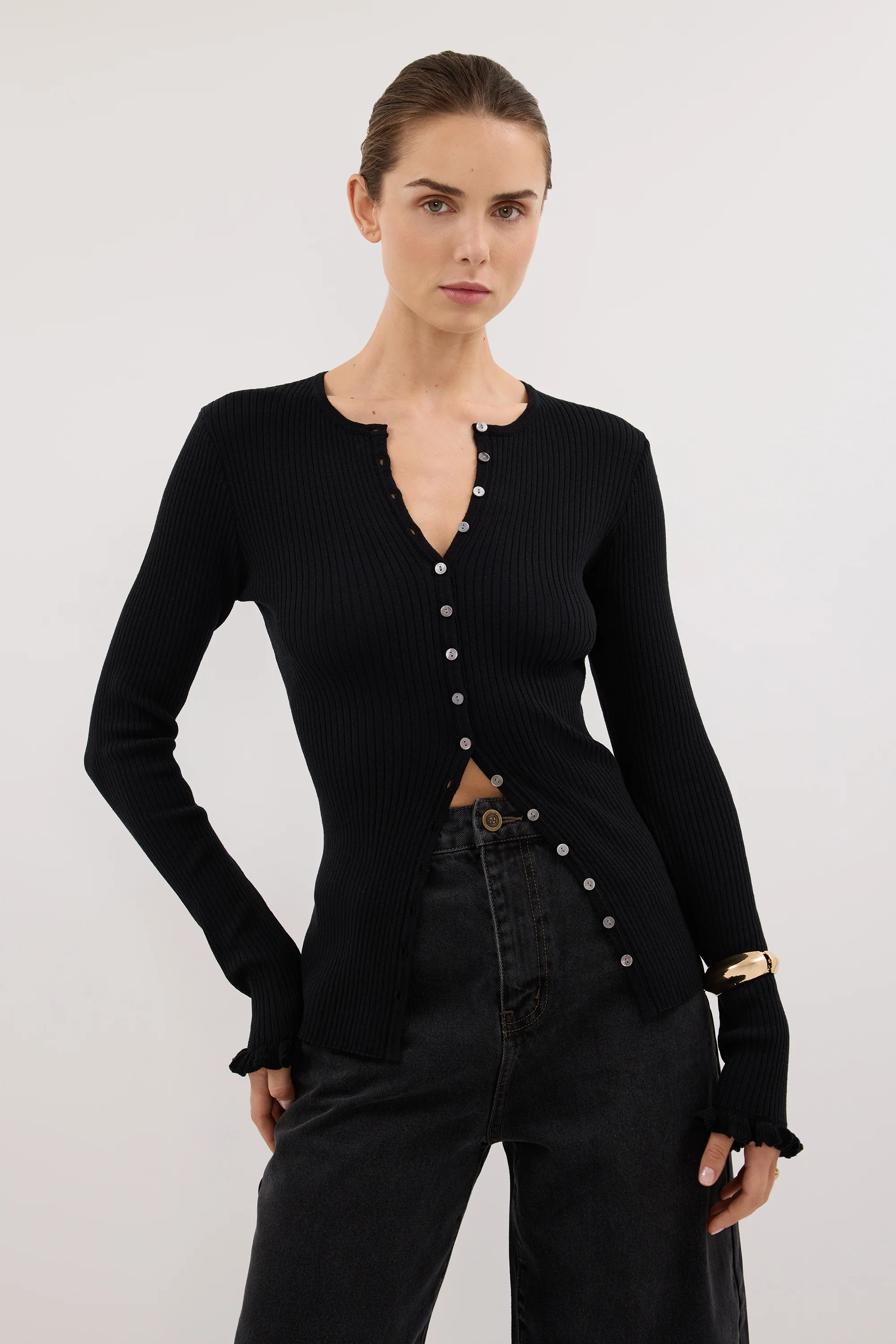 KAIA BLACK RUFFLE KNIT CARDIGAN - Image 2