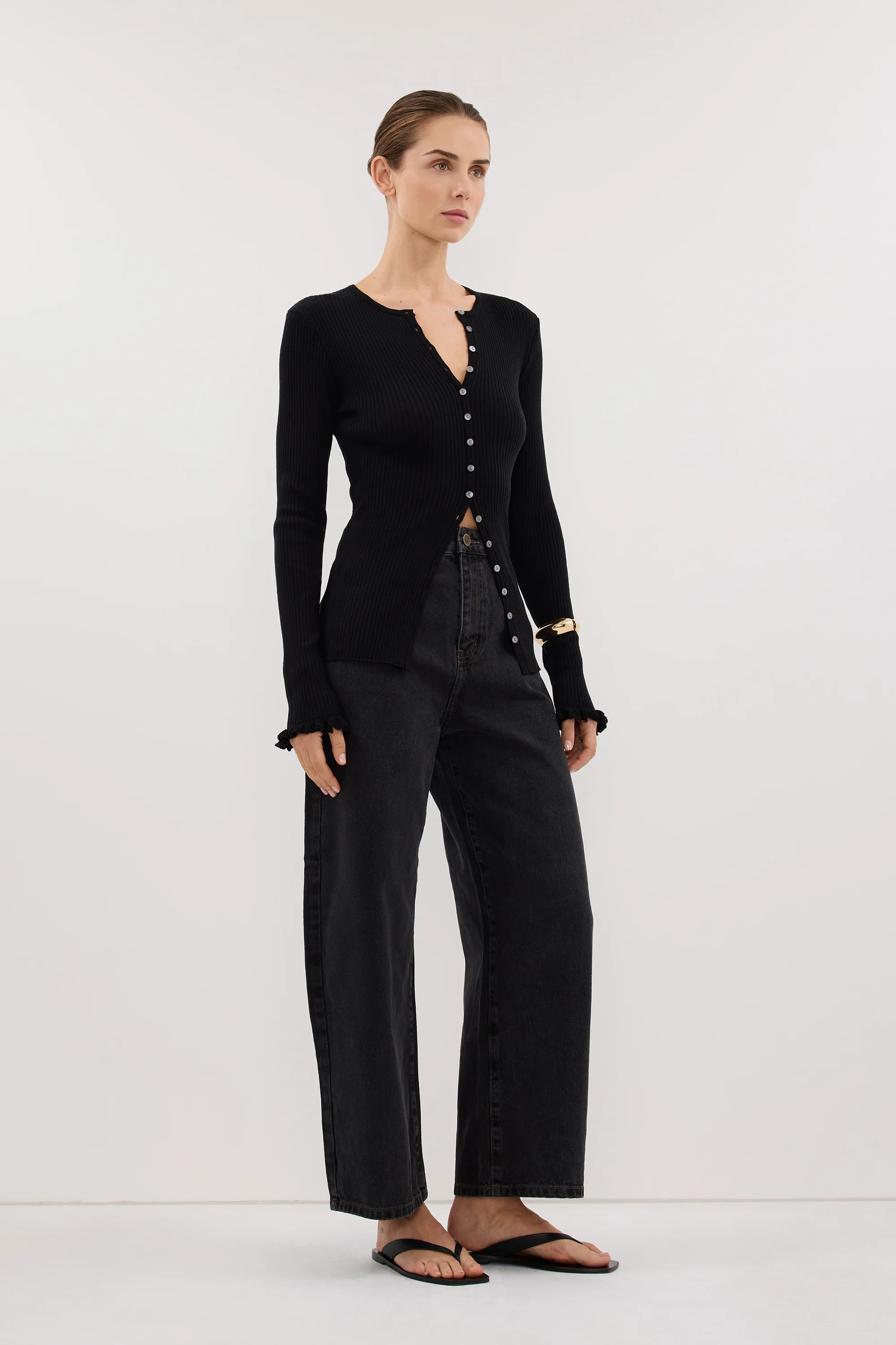KAIA BLACK RUFFLE KNIT CARDIGAN - Image 3