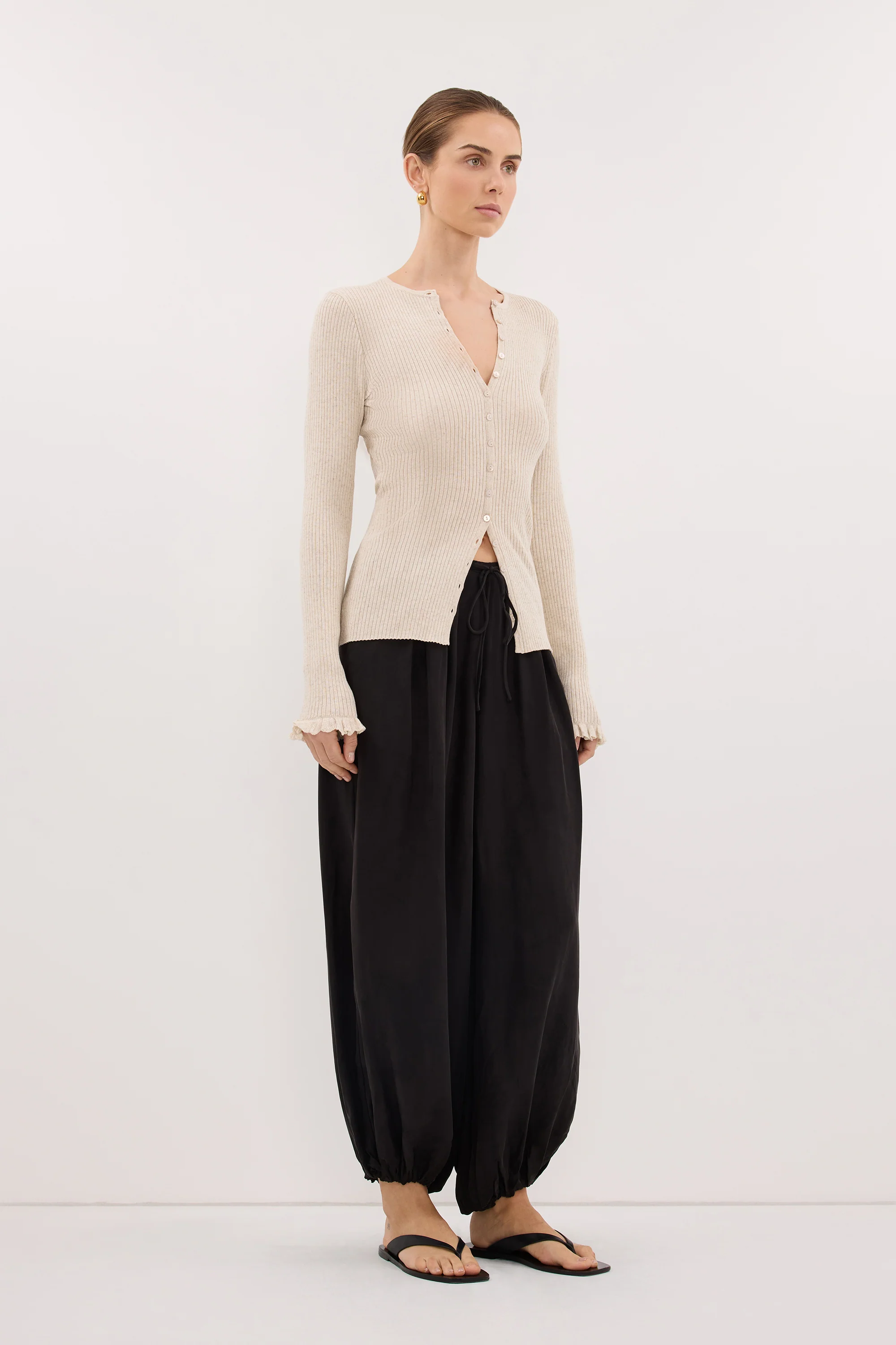 KAIA NATURAL RUFFLE KNIT CARDIGAN - Image 3