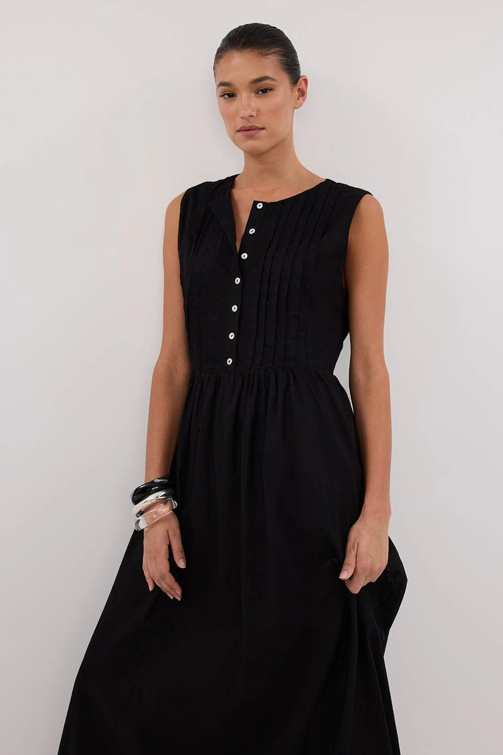 LARS BLACK PINTUCK LINEN MIDI DRESS - Image 2
