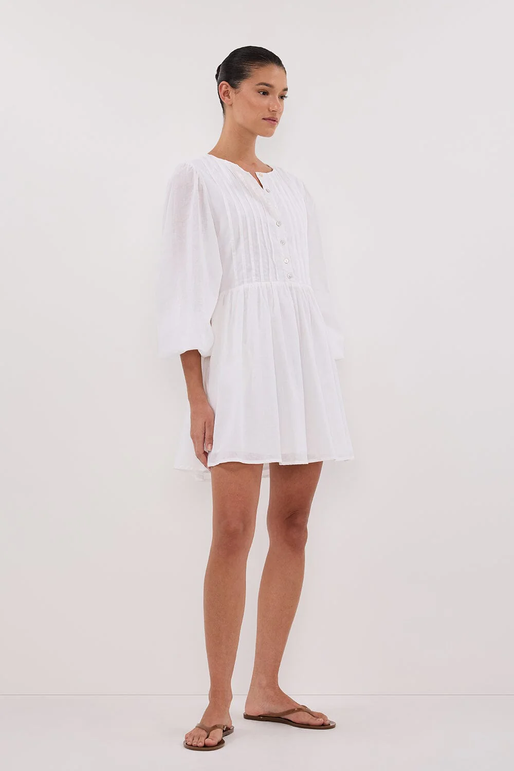 LARS WHITE BUTTON LONG SLEEVE LINEN MINI DRESS - Image 3