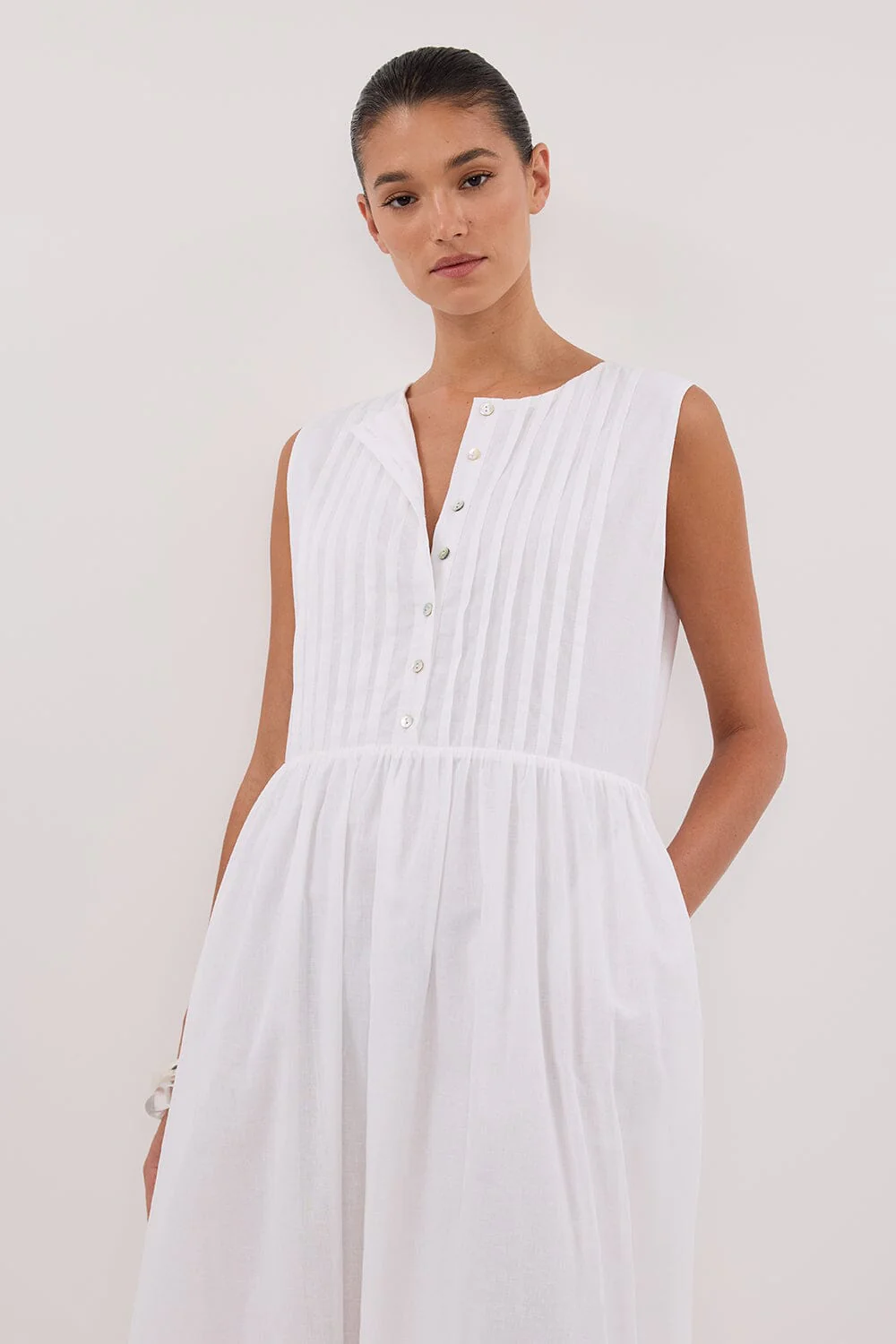 LARS WHITE PINTUCK LINEN MIDI DRESS - Image 2