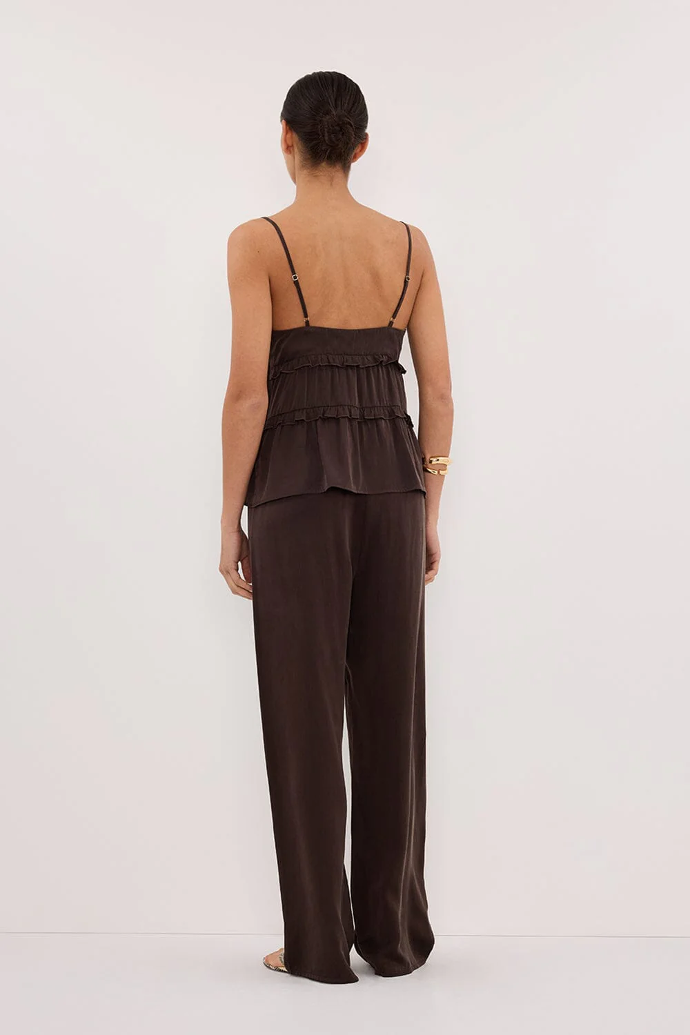 LENA BITTER CHOC SILK SLEEVELESS FRILL TOP - Image 4