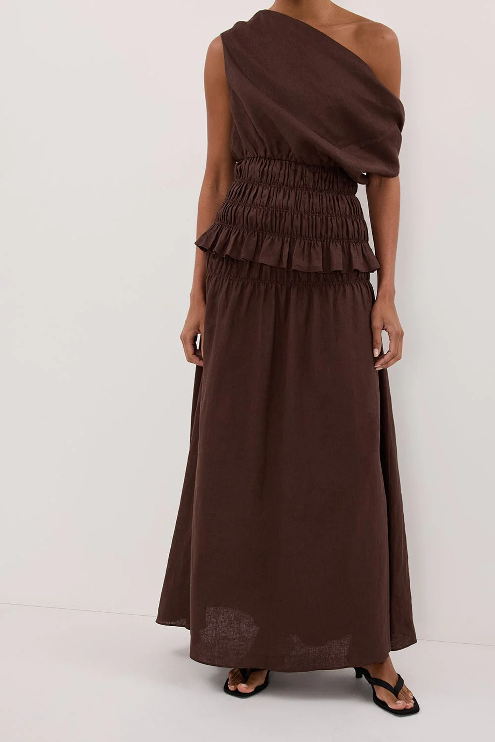 MAIA COCOA LINEN SHIRRED MIDI SKIRT - Image 2