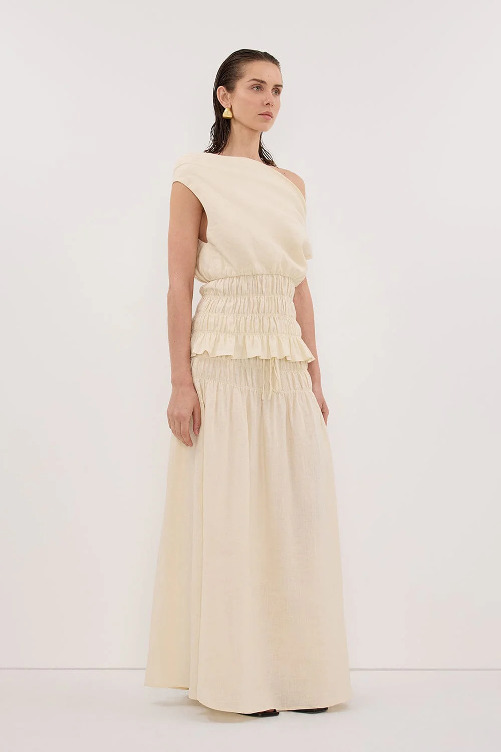 MAIA STRAW LINEN SHIRRED MIDI SKIRT - Image 3