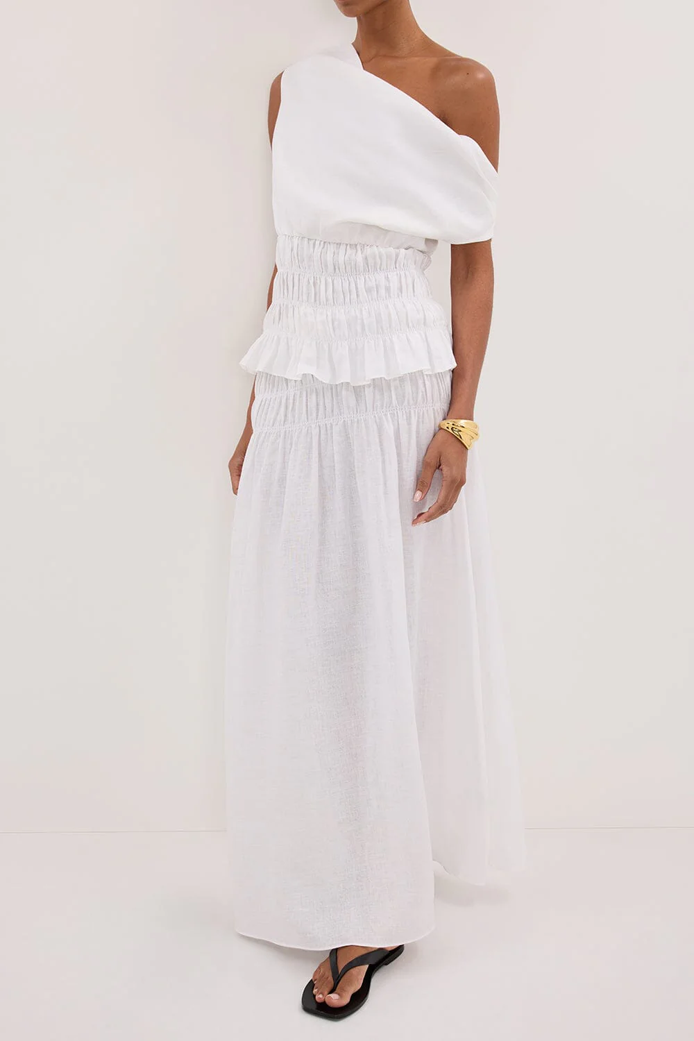MAIA WHITE LINEN SHIRRED MIDI SKIRT - Image 2