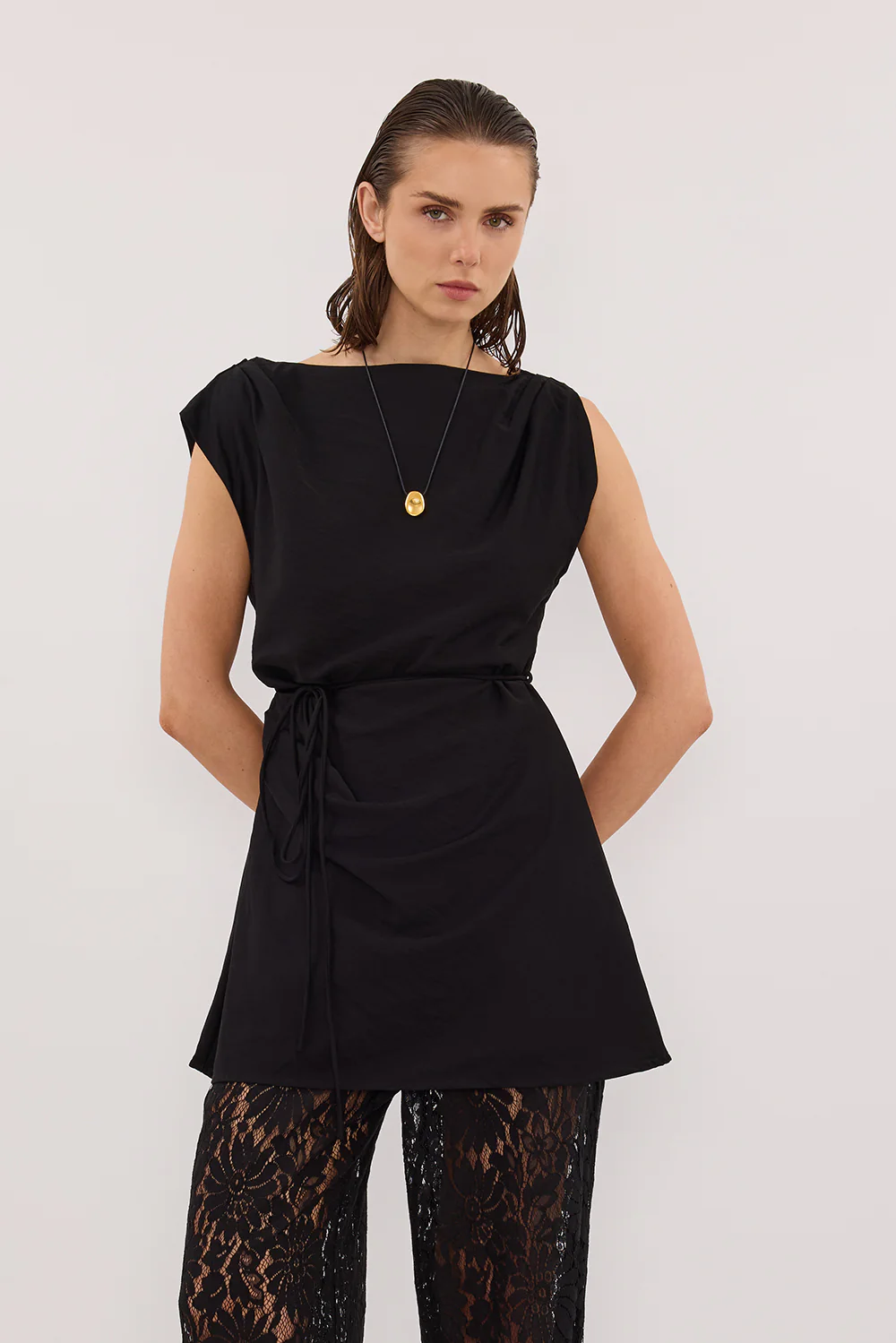 MARMO BLACK DRAPED MINI DRESS - Image 2