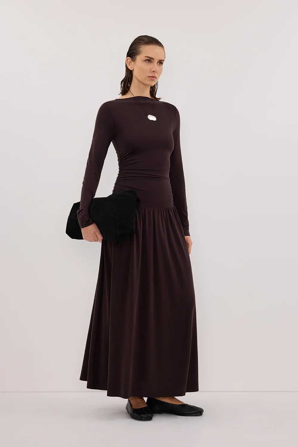 MEG BURNT CHOC LONG SLEEVE KNIT MIDI DRESS - Image 4