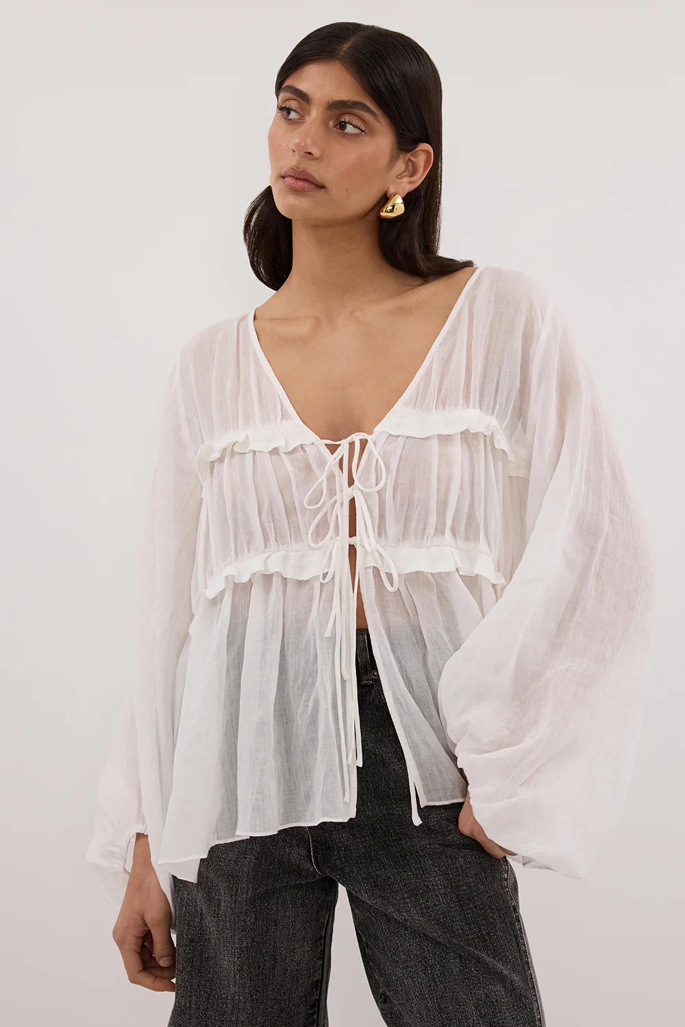 MILA WHITE RAMIE LONG SLEEVE FRILL TOP - Image 2