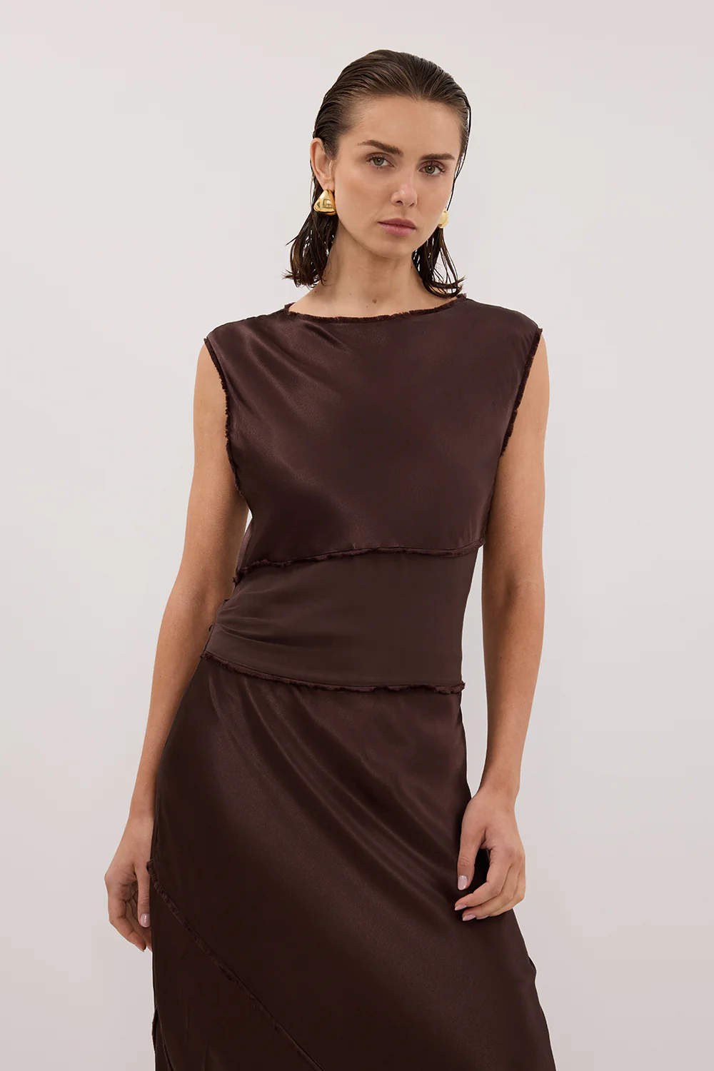 MONICA BITTER CHOCOLATE SATIN MIDI DRESS - Image 2