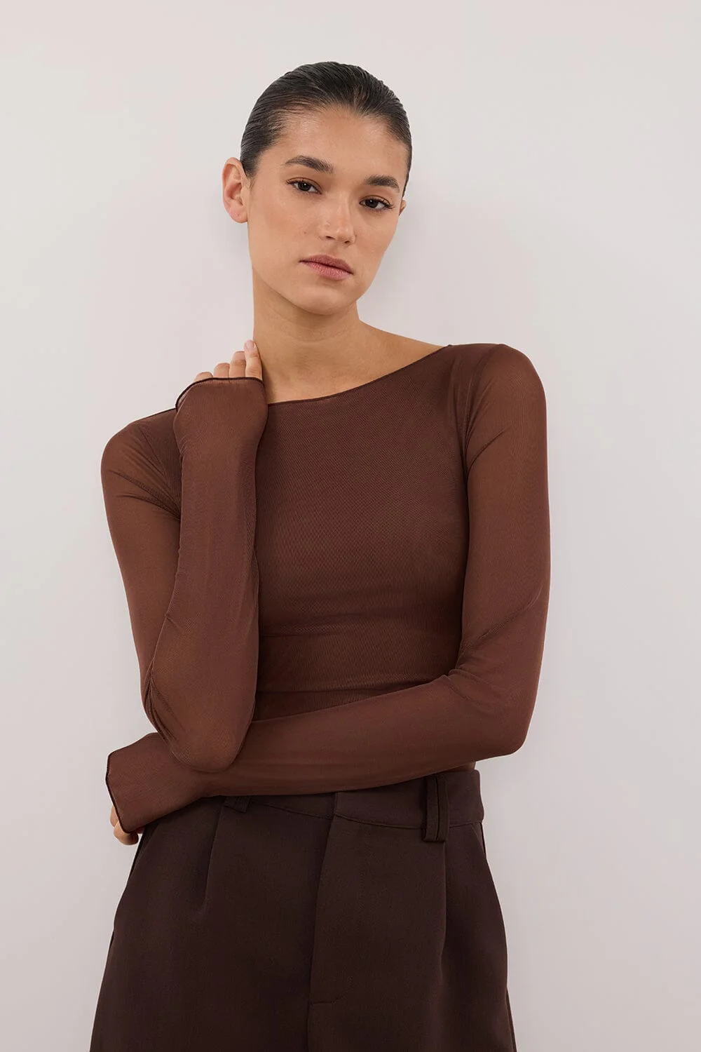 NYRA CHOC LONG SLEEVE MESH TOP - Image 2