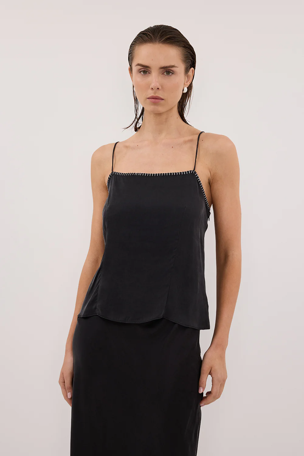 PIPER BLACK SLEEVELESS SILK STITCH DETAIL CAMI TOP - Image 2