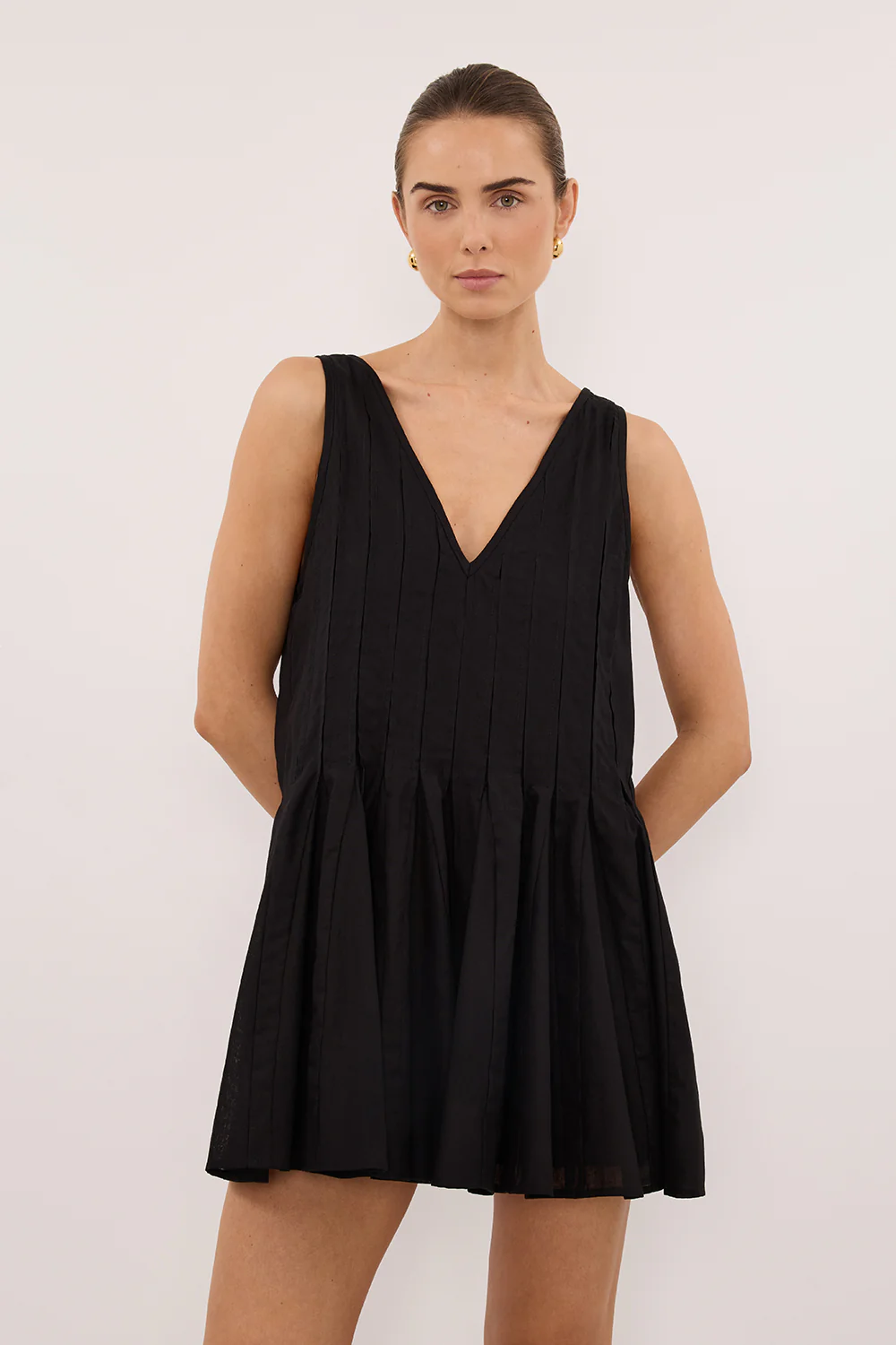 PIXIE BLACK LINEN MINI GODET DRESS - Image 2