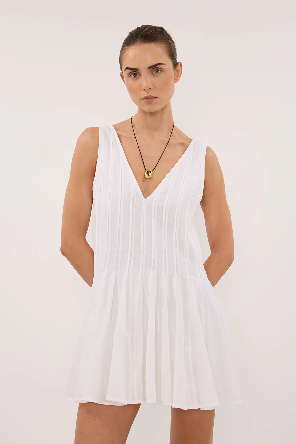 PIXIE WHITE LINEN MINI GODET DRESS - Image 2