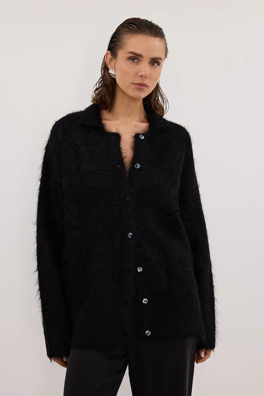 SALMA BLACK POLO NECK KNIT CARDIGAN - Image 2