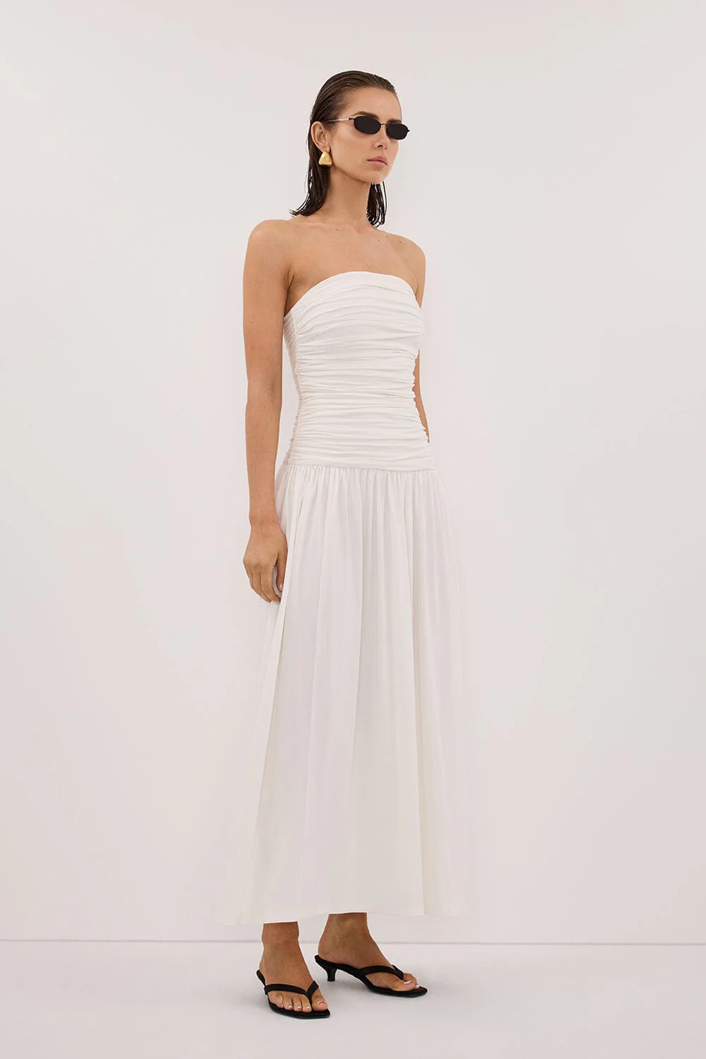 SHARI OFF WHITE STRAPLESS BANDEAU MIDI DRESS - Image 3