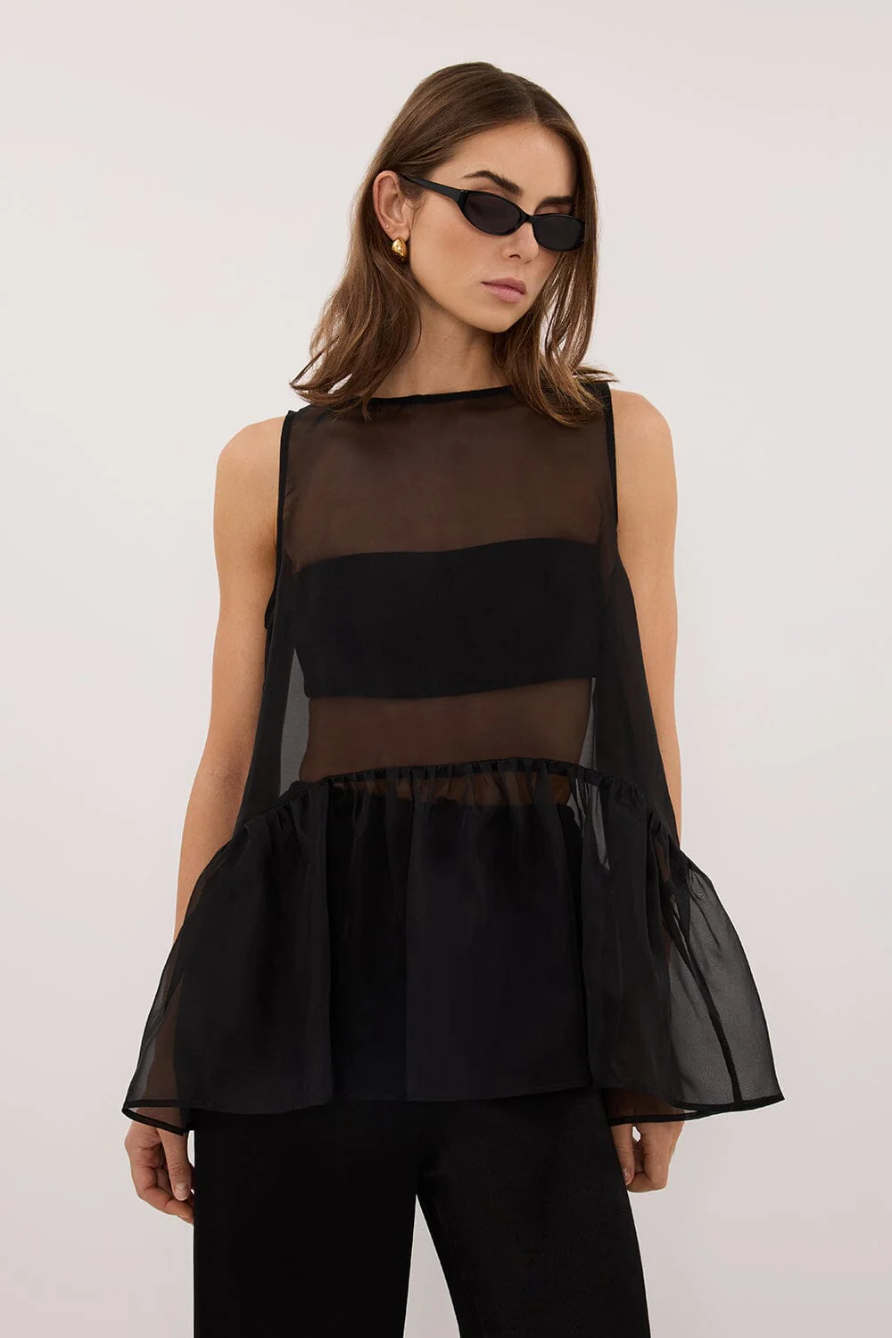 SIAN BLACK SILK ORGANZA DROP WAIST TOP - Image 2