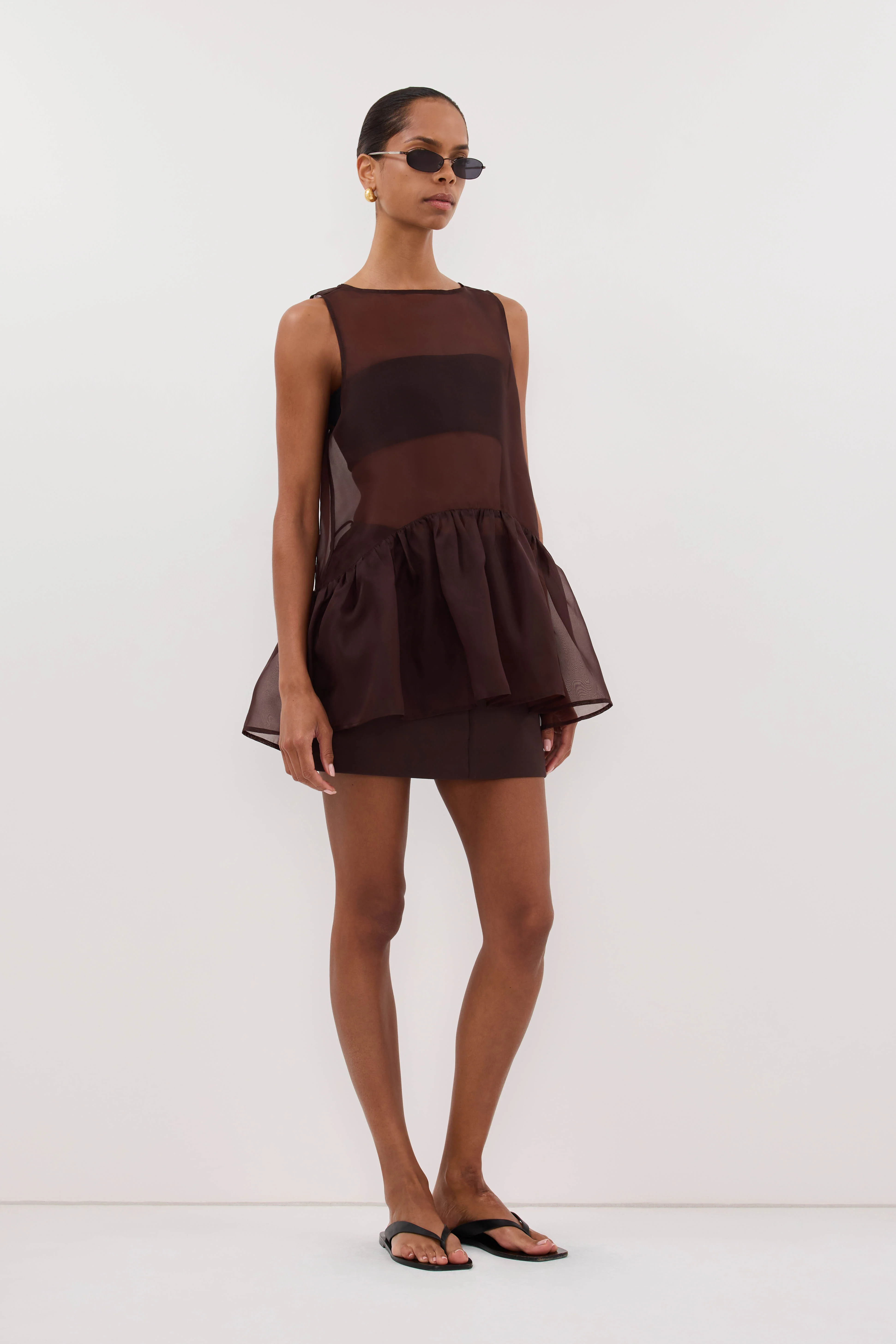 SIAN DARK CHOC SILK ORGANZA DROP WAIST TOP - Image 4