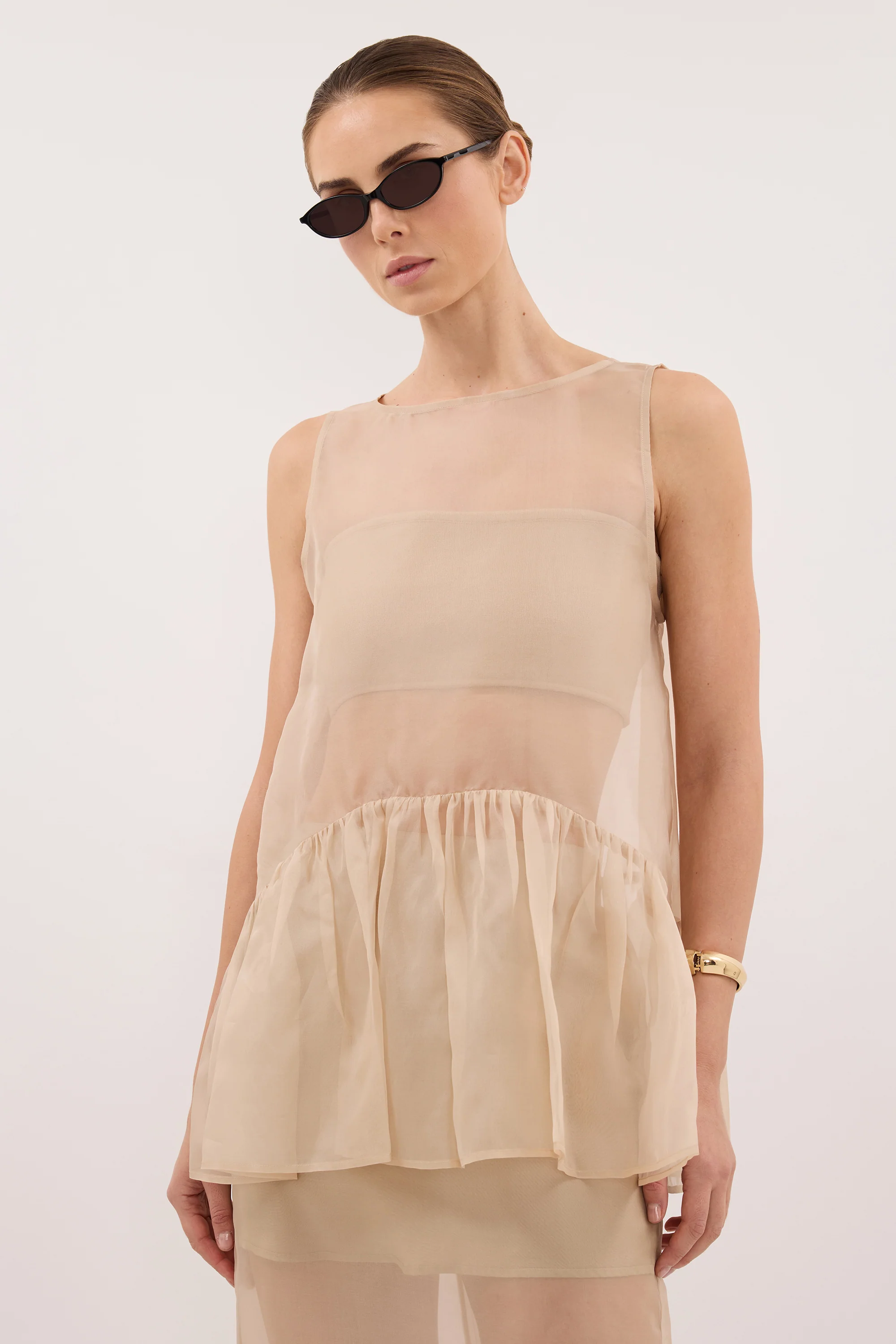 SIAN GOLD SILK ORGANZA DROP WAIST TOP - Image 3