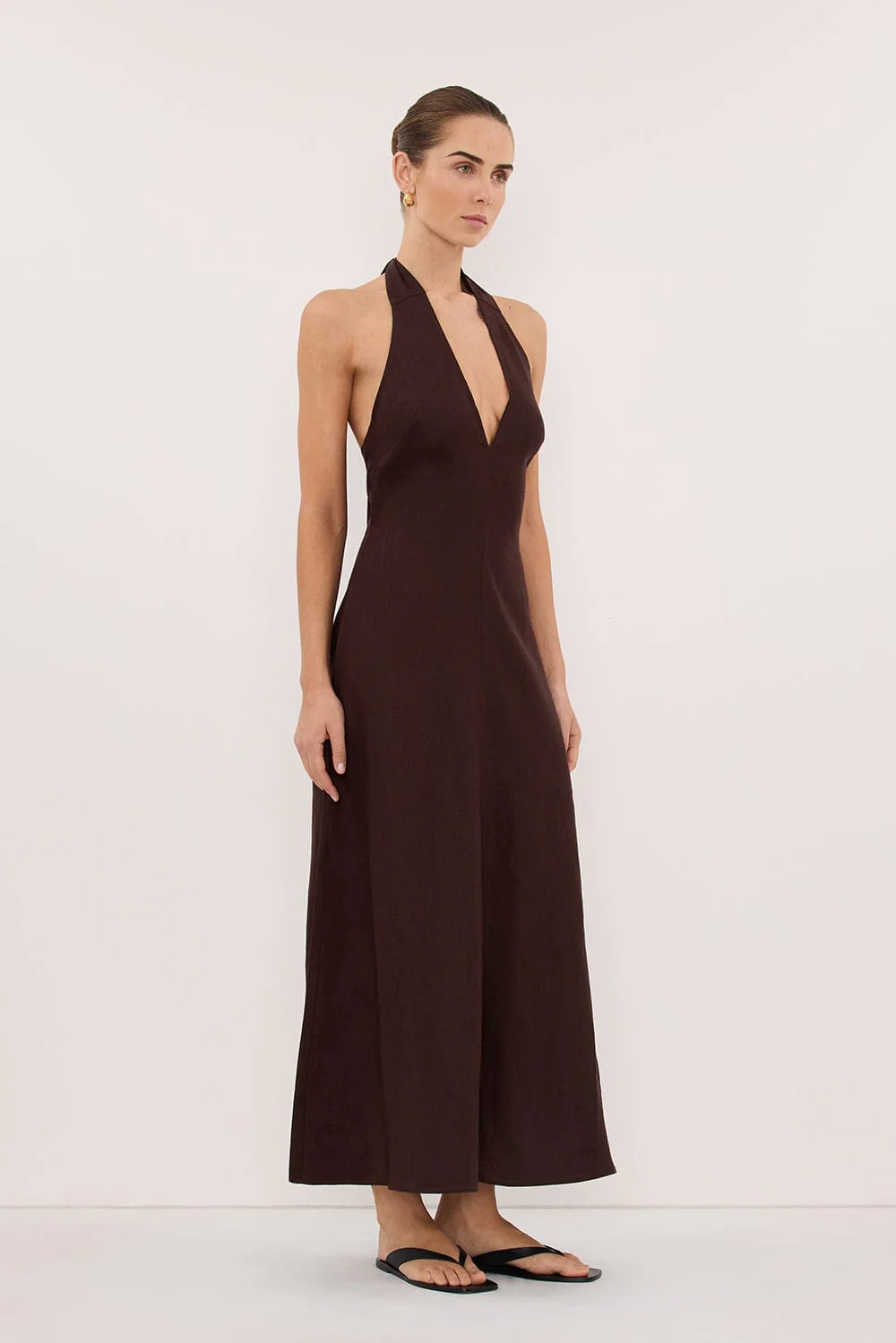 SKY BURNT CHOC LINEN MIDI DRESS - Image 4