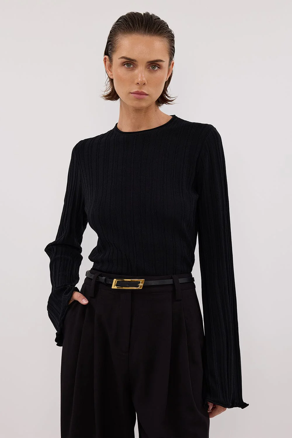 SYLVIA BLACK CREW KNIT TOP - Image 2